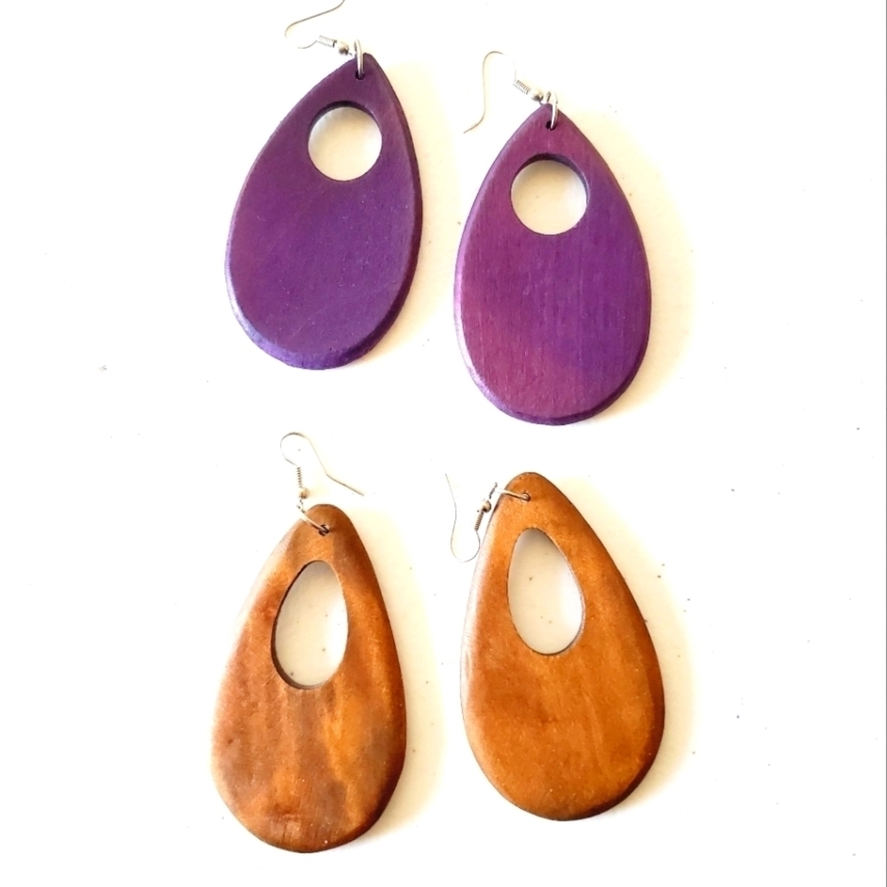 Two Pairs of Chunky Wooden‎ Dangle Earrings Oversized Dangle Boho Retro